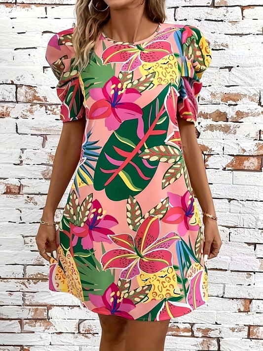 Abito estivo arioso con stampa - lunghezza al ginocchio, maniche a sbuffo, elegante e confortevole