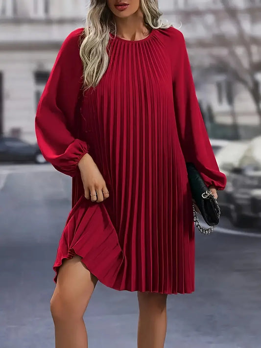 Abito midi chic con scollo rotondo e maniche a lanterna per tutta la stagione