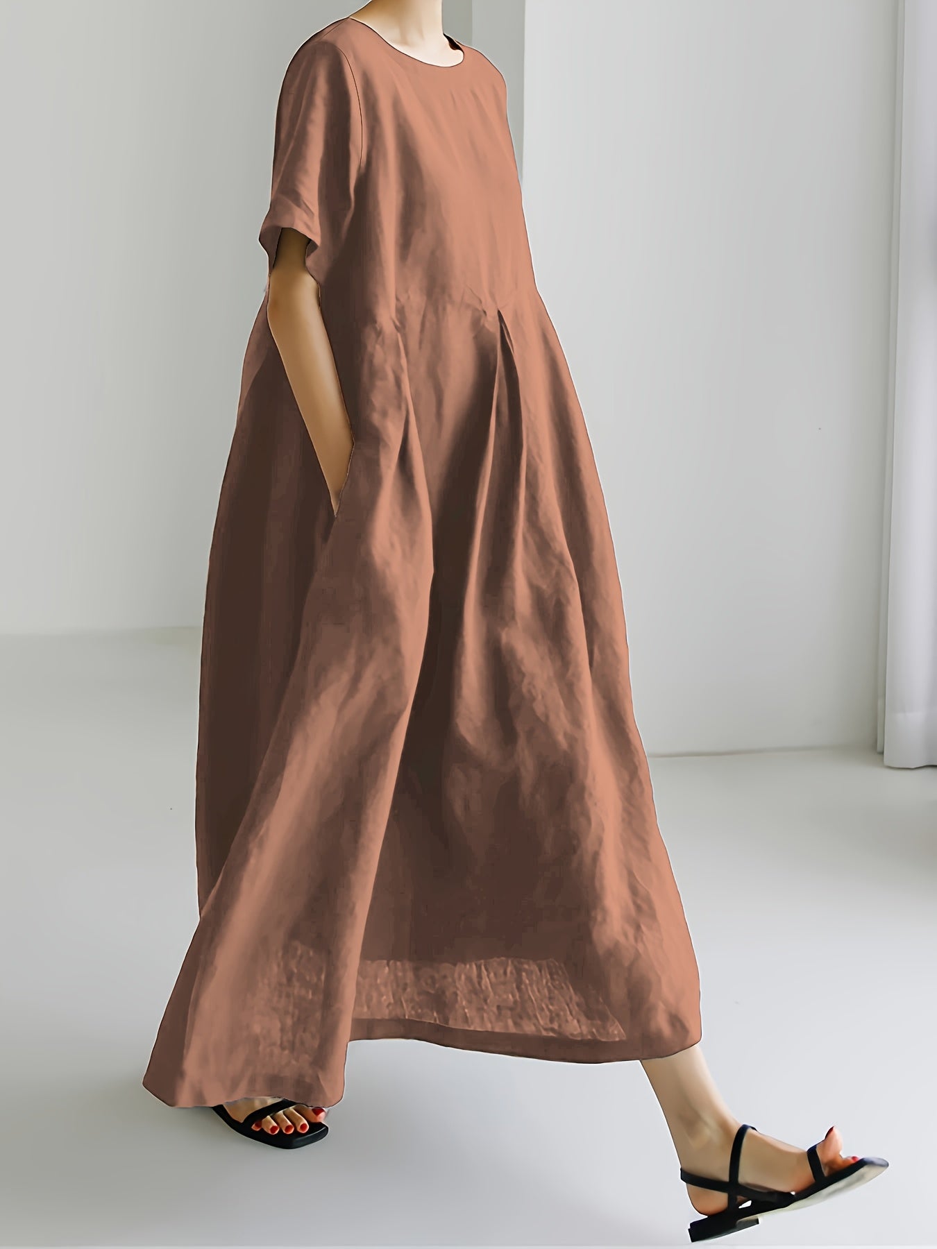 Abito midi in misto lino con tasche - manica corta a vita alta - moda estiva