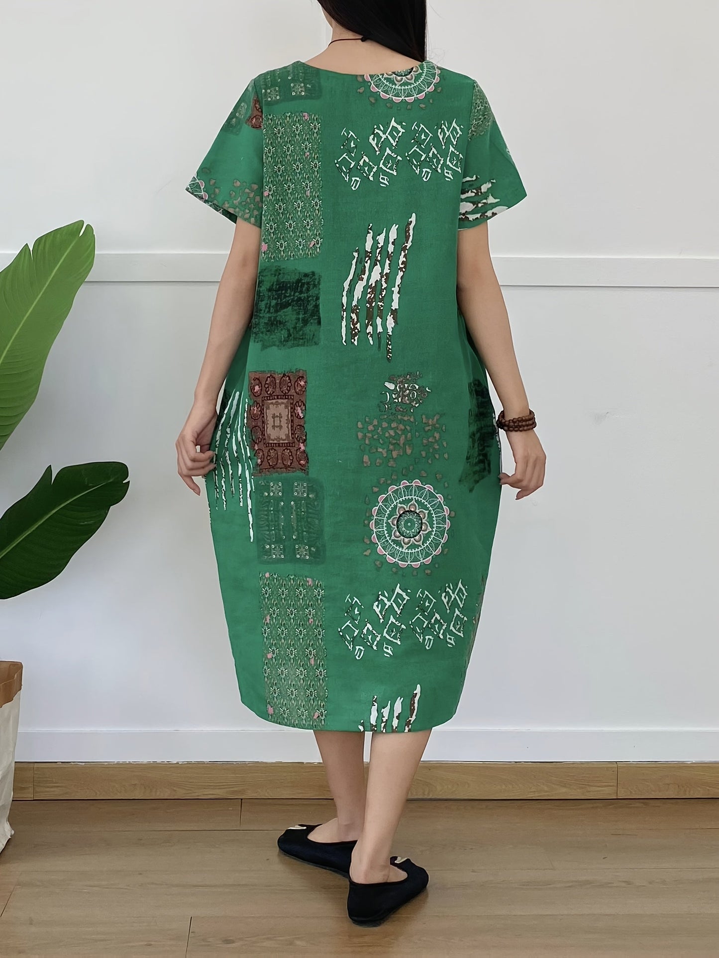 Abito tunica in lino da donna - scollo rotondo, stampa floreale, tasche e casual