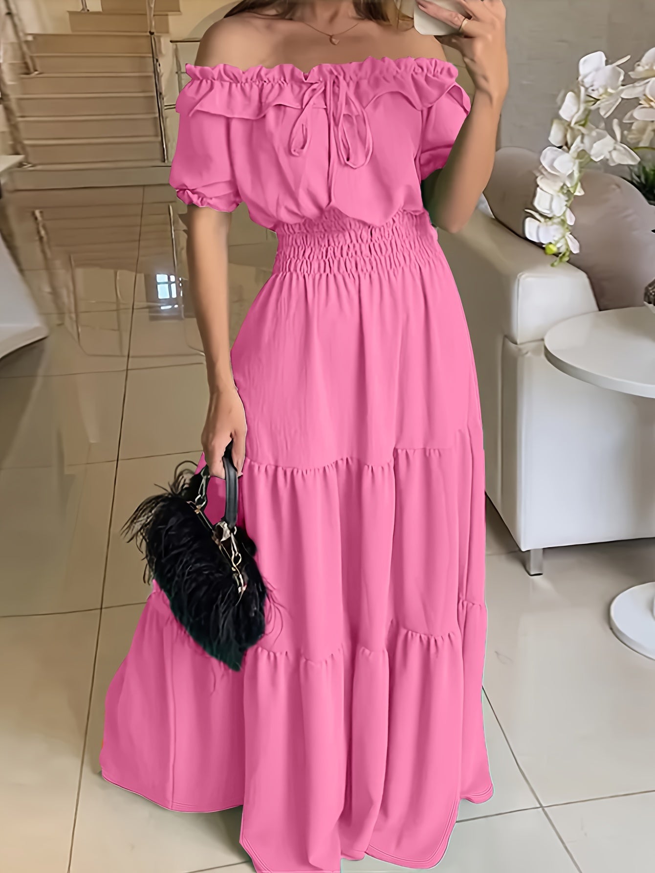 Abito estivo senza spalle Maxi abito elegante con balze Vestibilità ampia