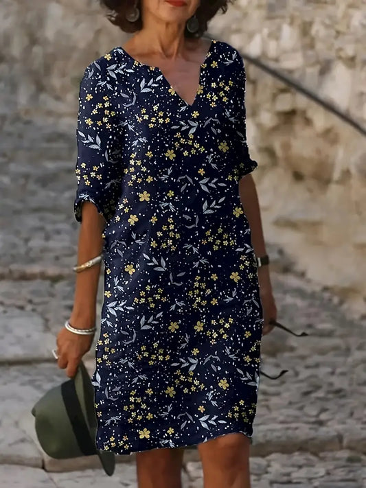 Abito sciolto con scollo a V e stampa floreale, abito casual con mezze maniche