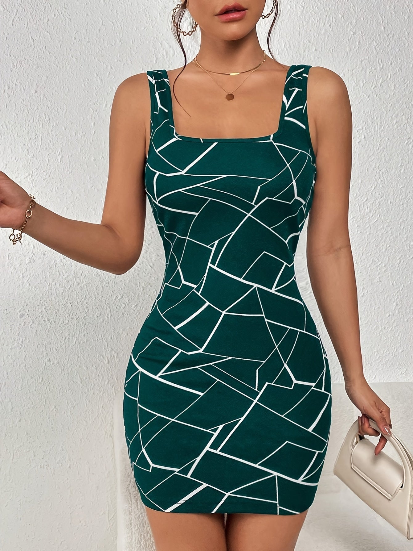 Miniabito bodycon geoprint da donna, elegante abito a canotta