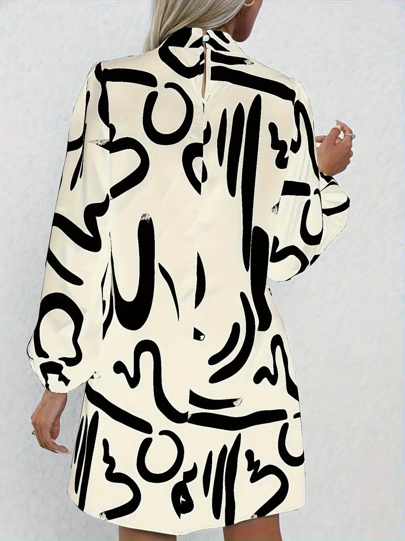 Abito elegante a maniche lunghe con stampa astratta, inverno e autunno