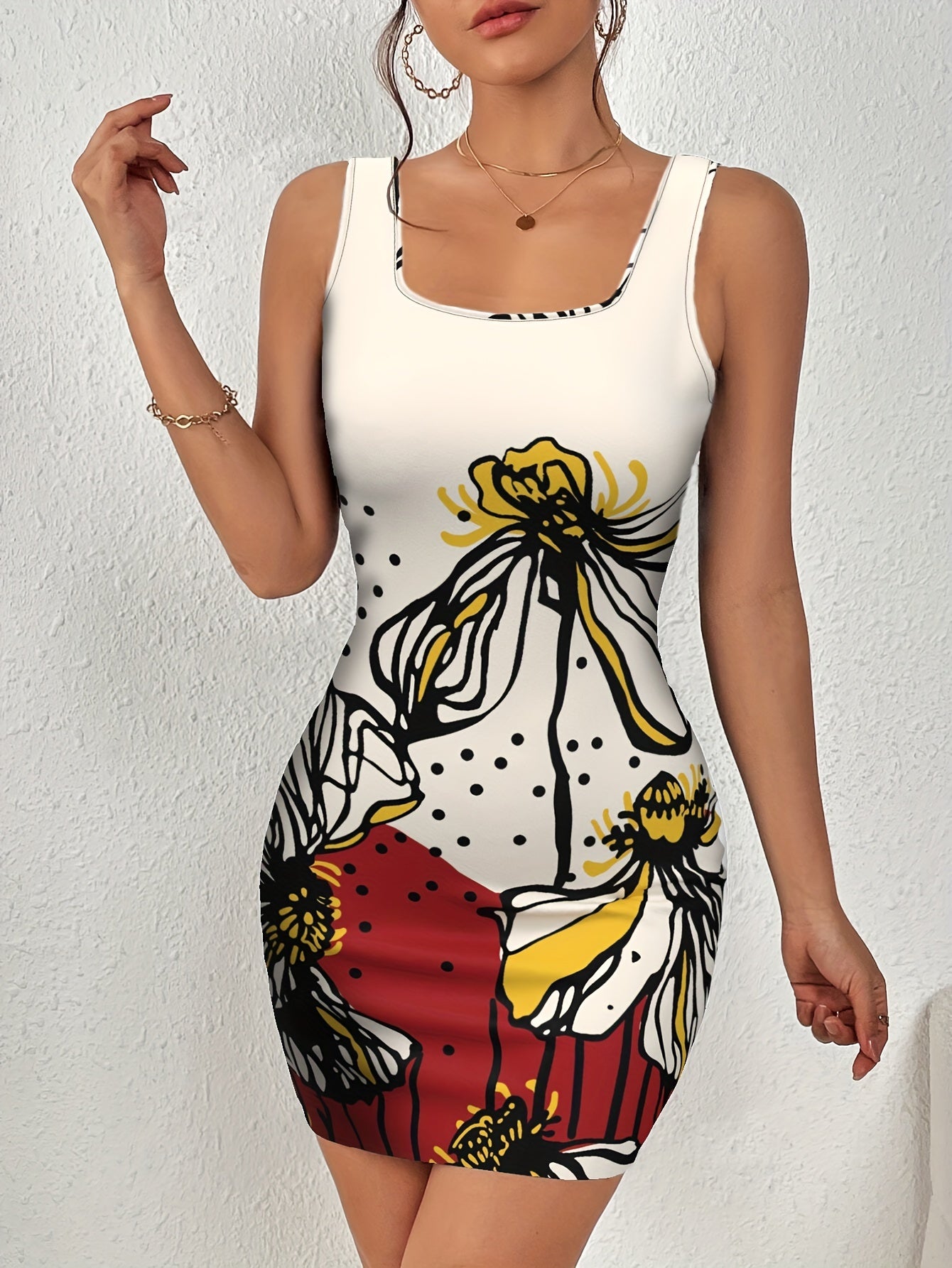 Abito bodycon elegante - Abito elasticizzato senza maniche con stampa marmo, a cuore