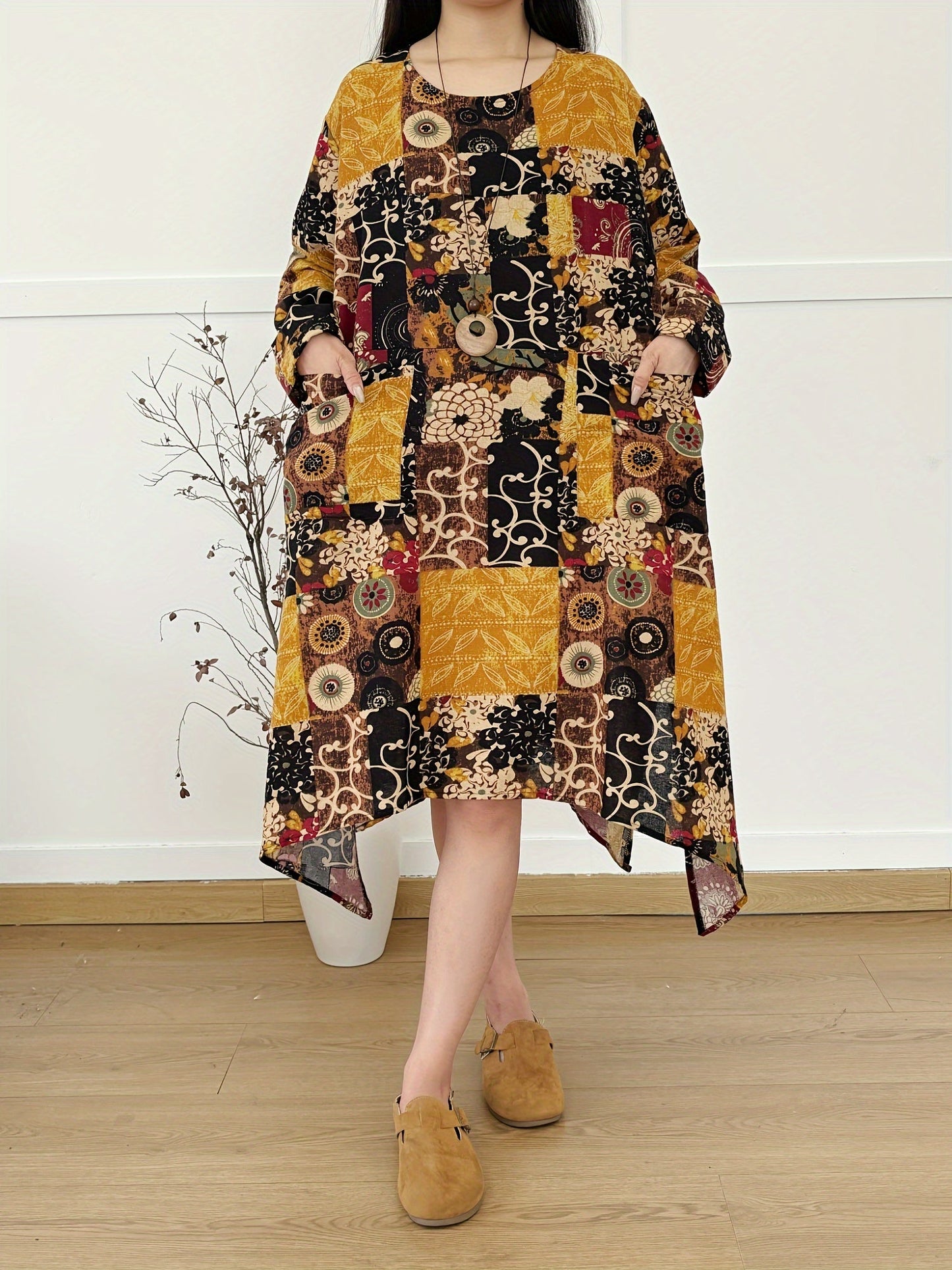 Abito boho a maniche lunghe in lino - stampa vintage, ampio e casual, collo rotondo, tasche