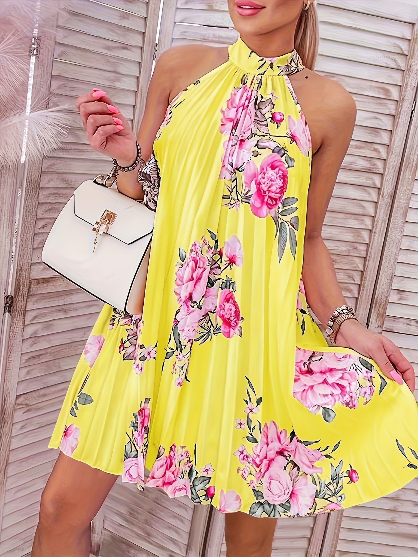 Abito floreale Donna Estate Elegante Abito senza maniche a collo alto