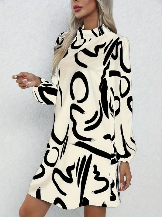 Abito elegante a maniche lunghe con stampa astratta, inverno e autunno