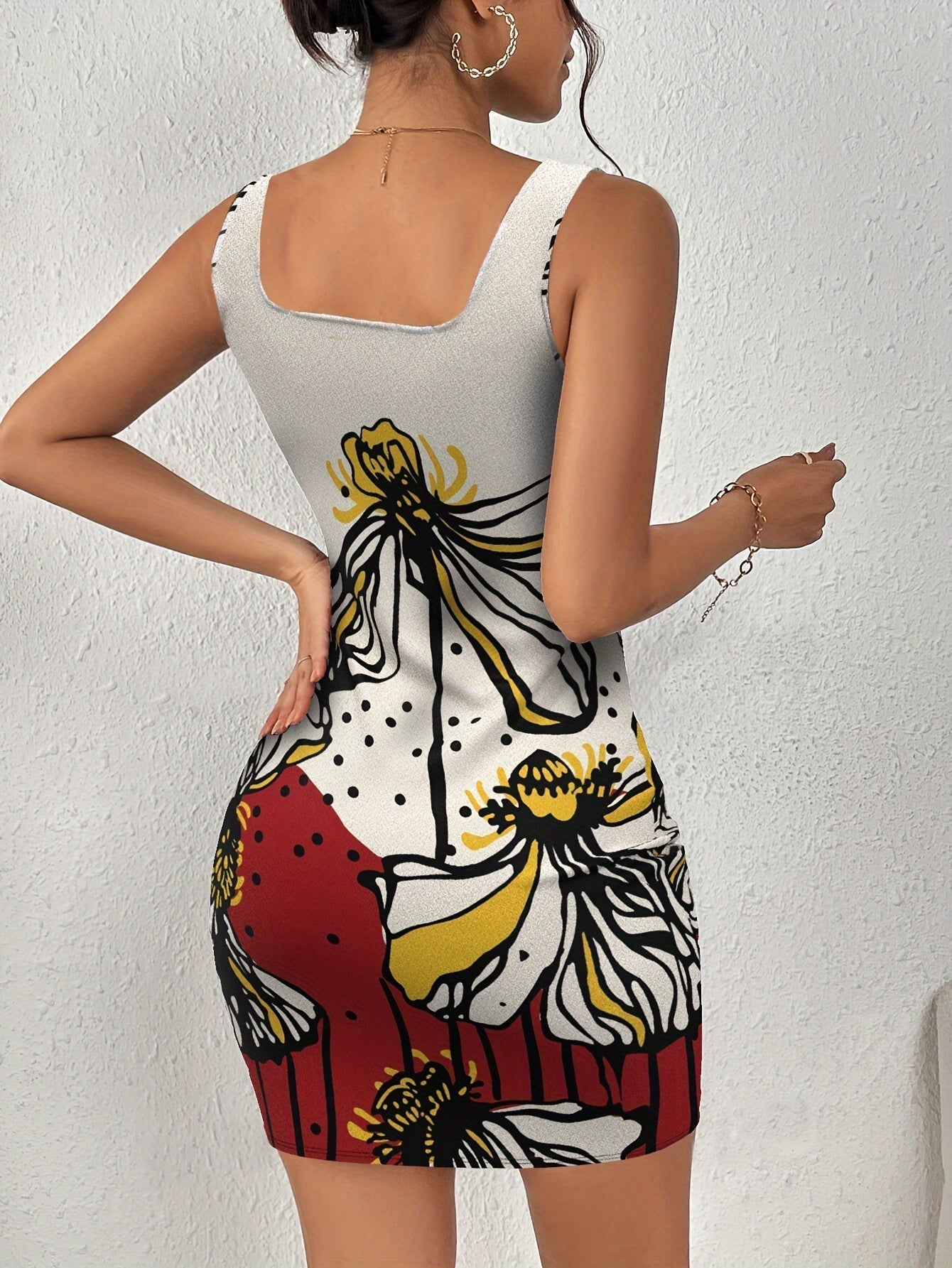 Abito bodycon elegante - Abito elasticizzato senza maniche con stampa marmo, a cuore