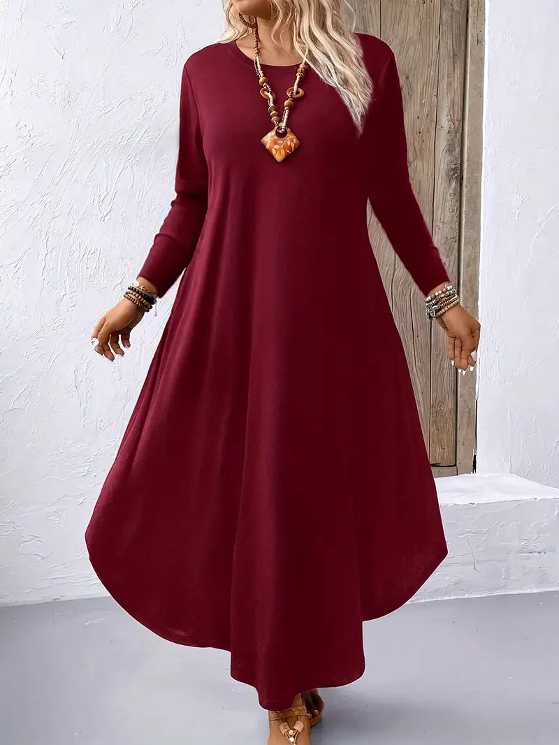 Abito da donna a maniche lunghe taglie forti, abito casual con scollo a giro e maniche lunghe