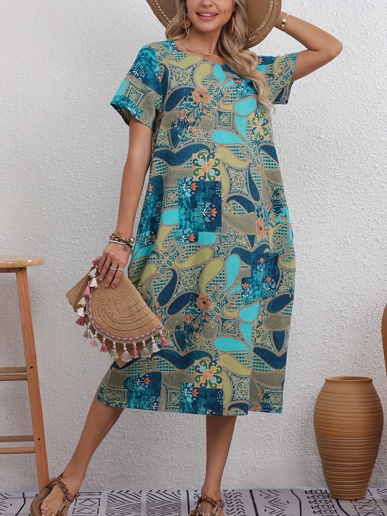 Elegante abito in lino con stampa floreale e borsa - leggero e arioso per l'estate