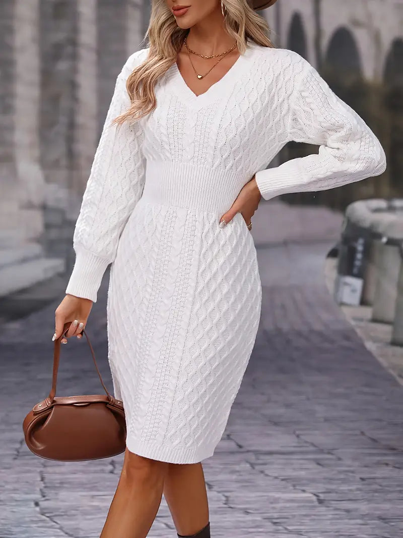 Abito aderente a maniche lunghe in maglia - Scollo a V casual con motivo a cavi