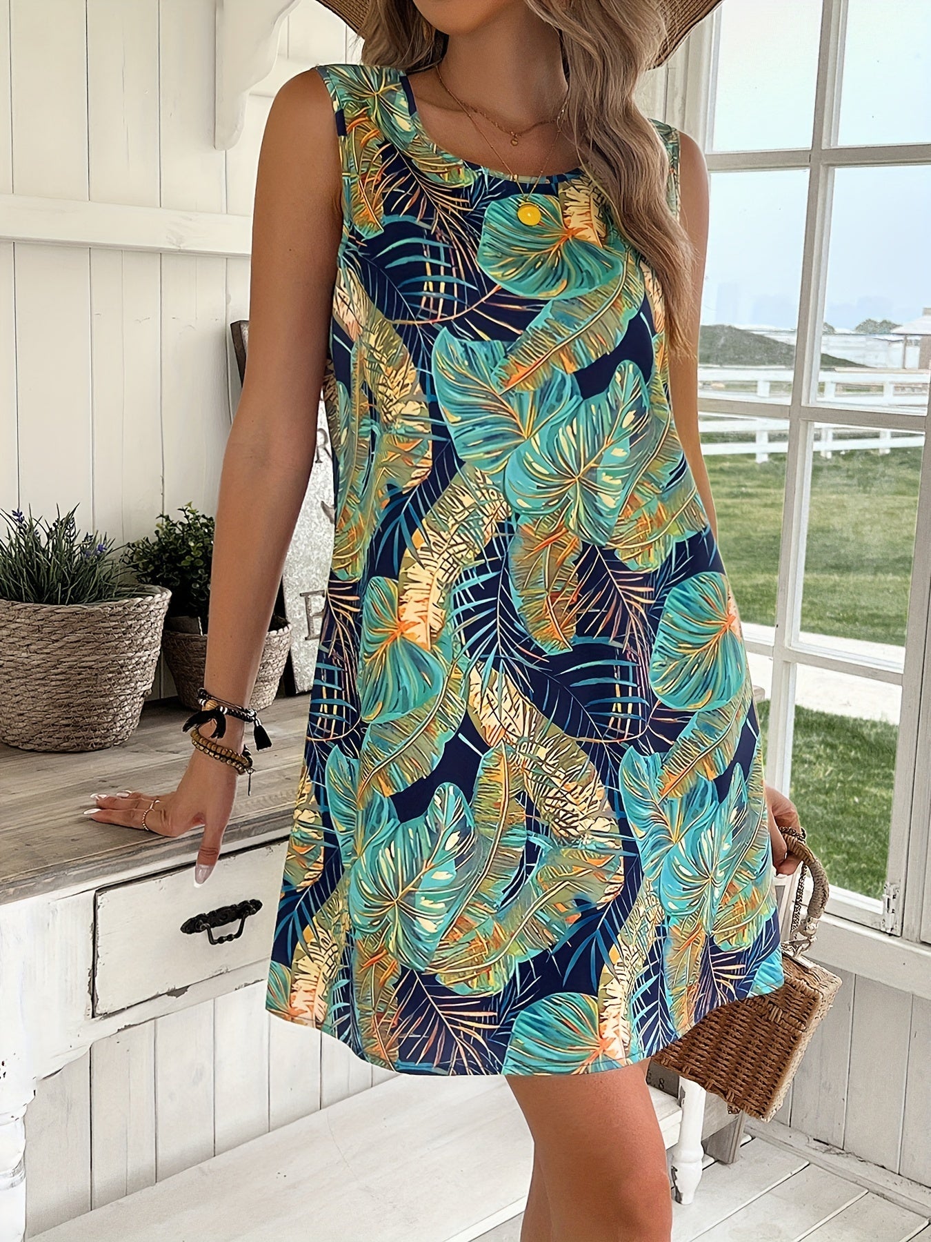 Abito senza maniche con stampa di foglie tropicali, vestito a canotta casual con linea ad A