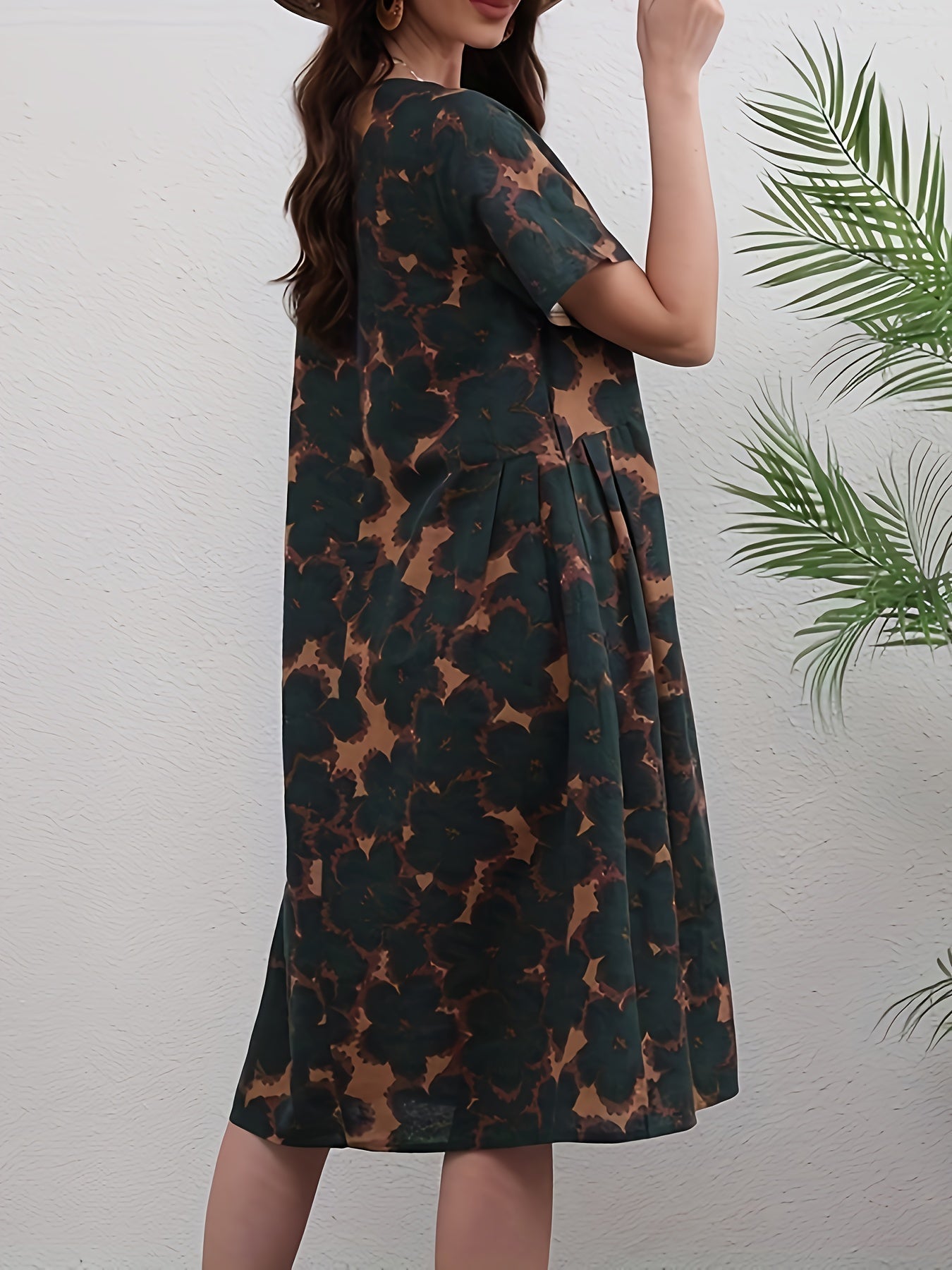 Abito floreale in lino da donna - lunghezza al ginocchio, scollo rotondo, maniche corte, tasche e perfetto per la primavera