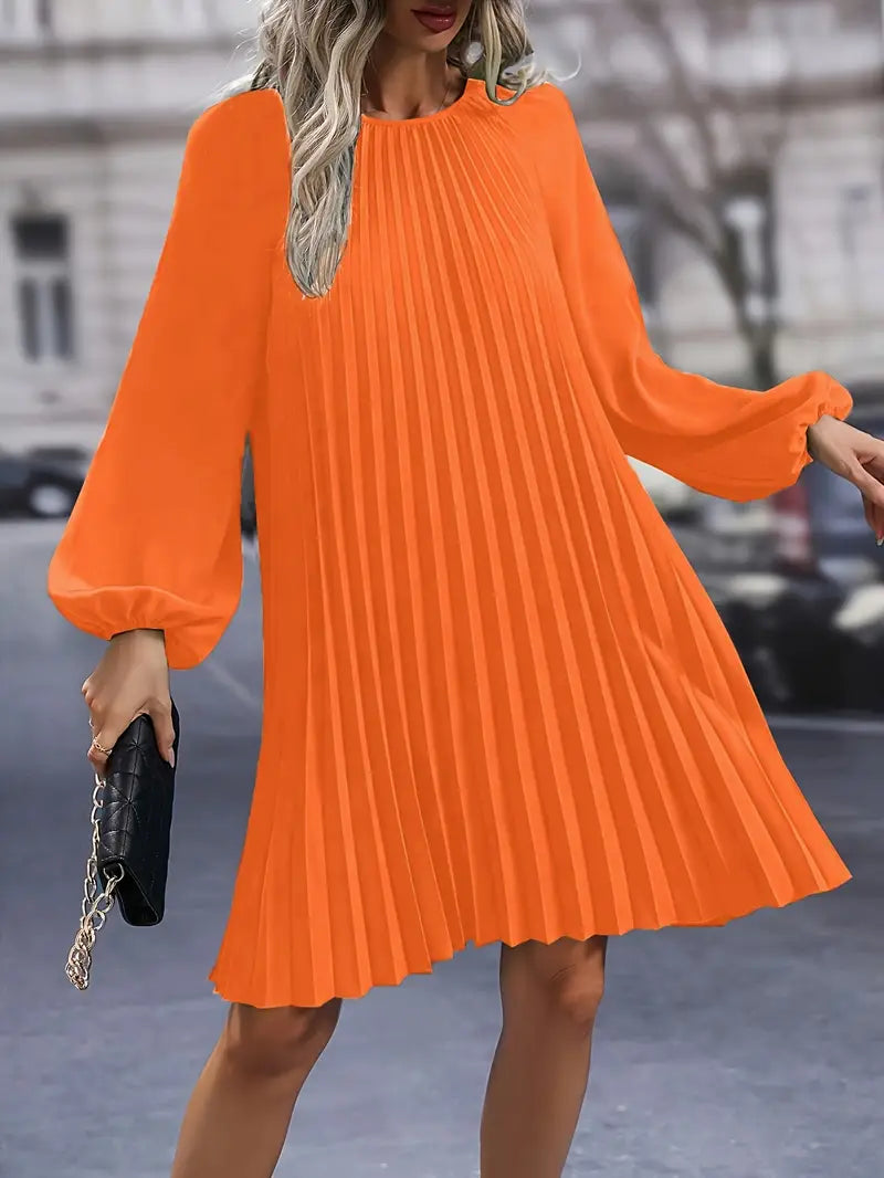 Abito midi chic con scollo rotondo e maniche a lanterna per tutta la stagione