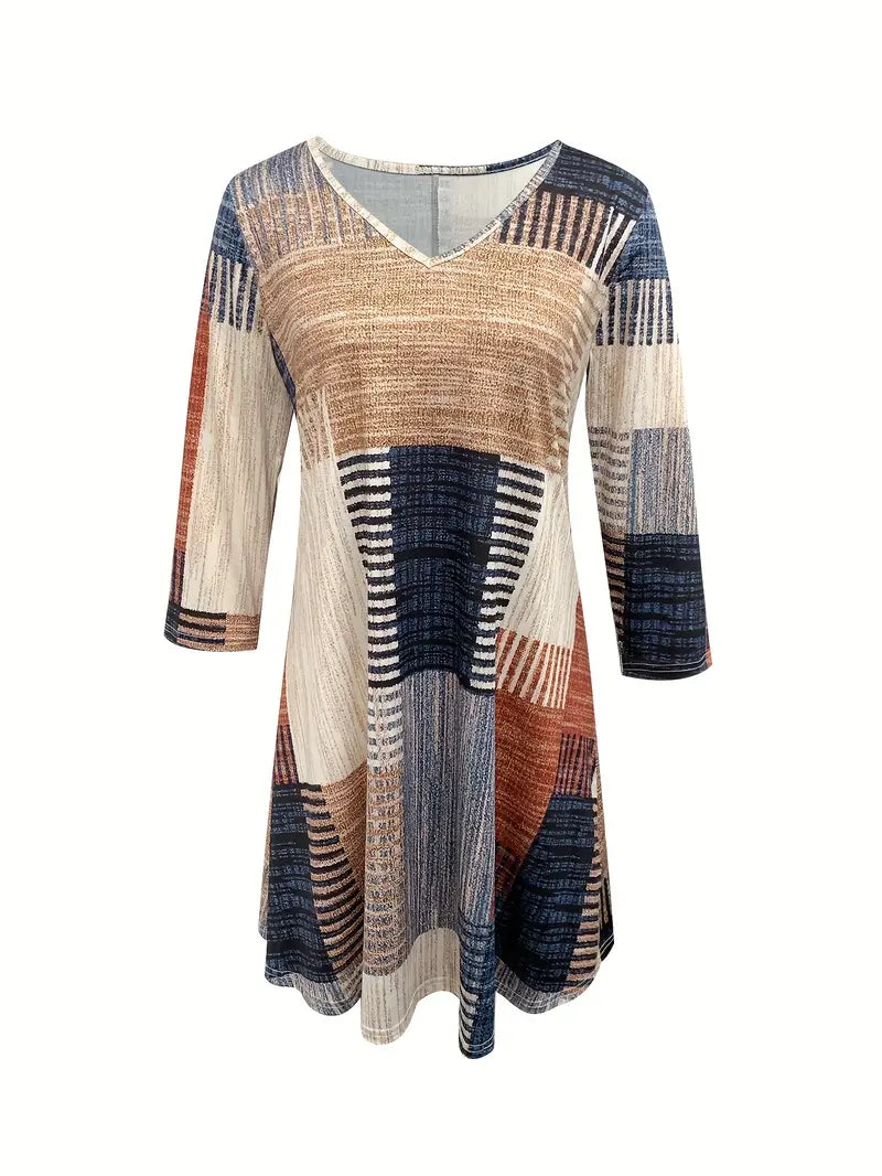 Abito casual in maglia a trapezio con scollo a V, stampa grafica e maniche lunghe