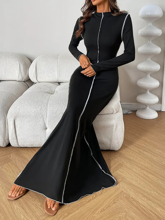 Abito a maniche lunghe con collo alto, design color block, per autunno/inverno