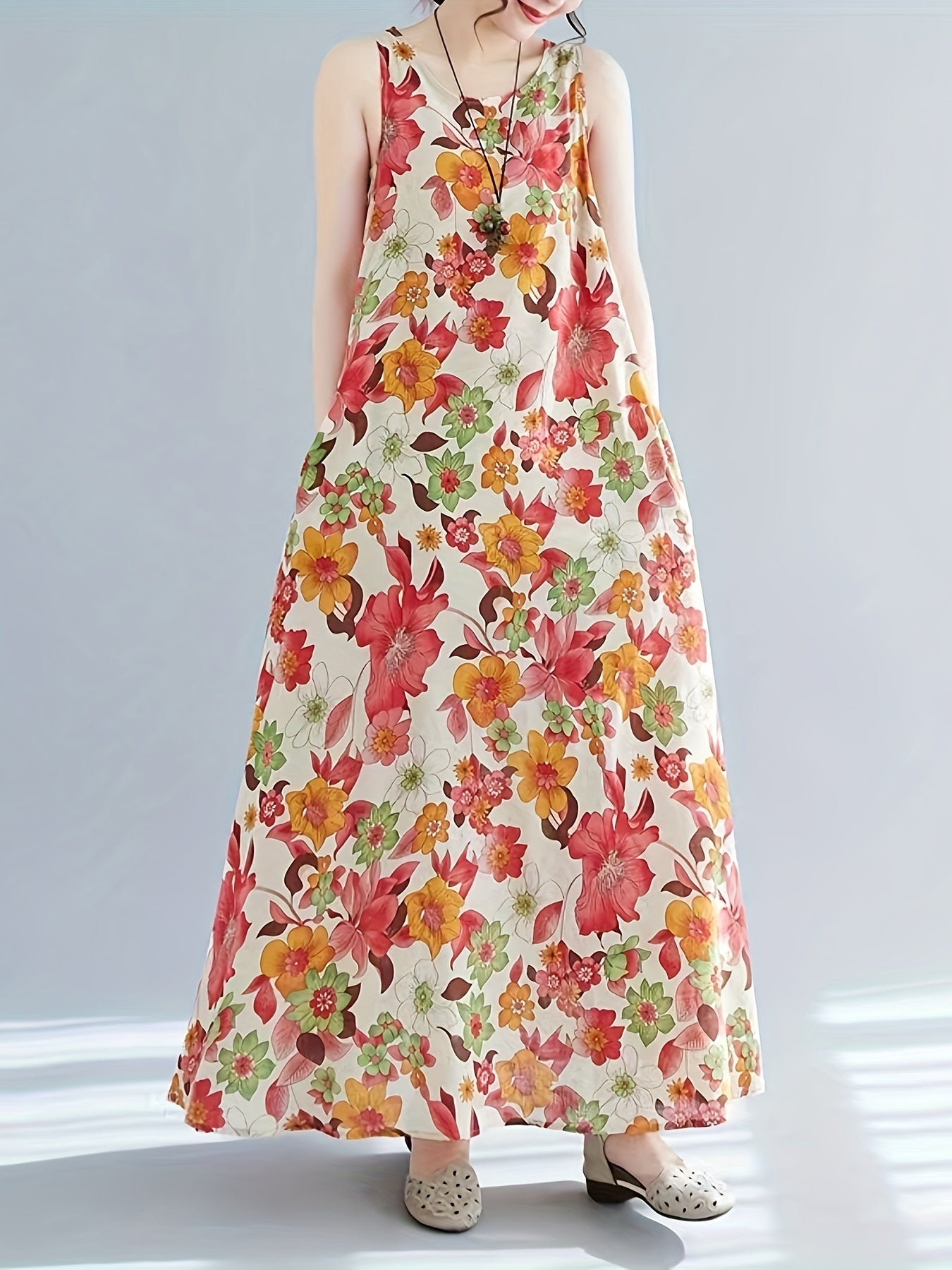 Abito floreale da donna - Senza maniche, collo rotondo, elegante e arioso per l'estate