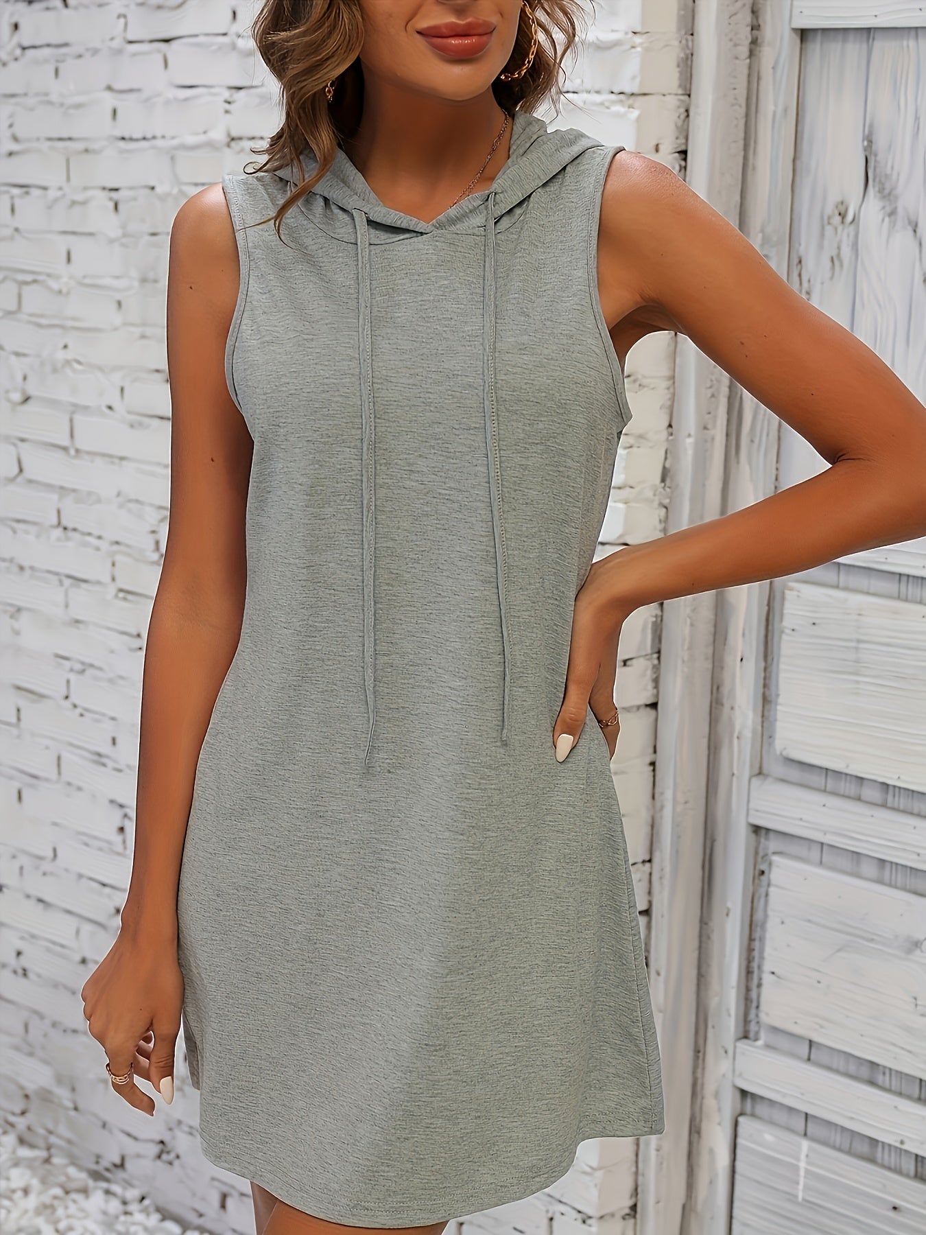 Abito estivo tunica da donna, leggero, con cappuccio, senza maniche
