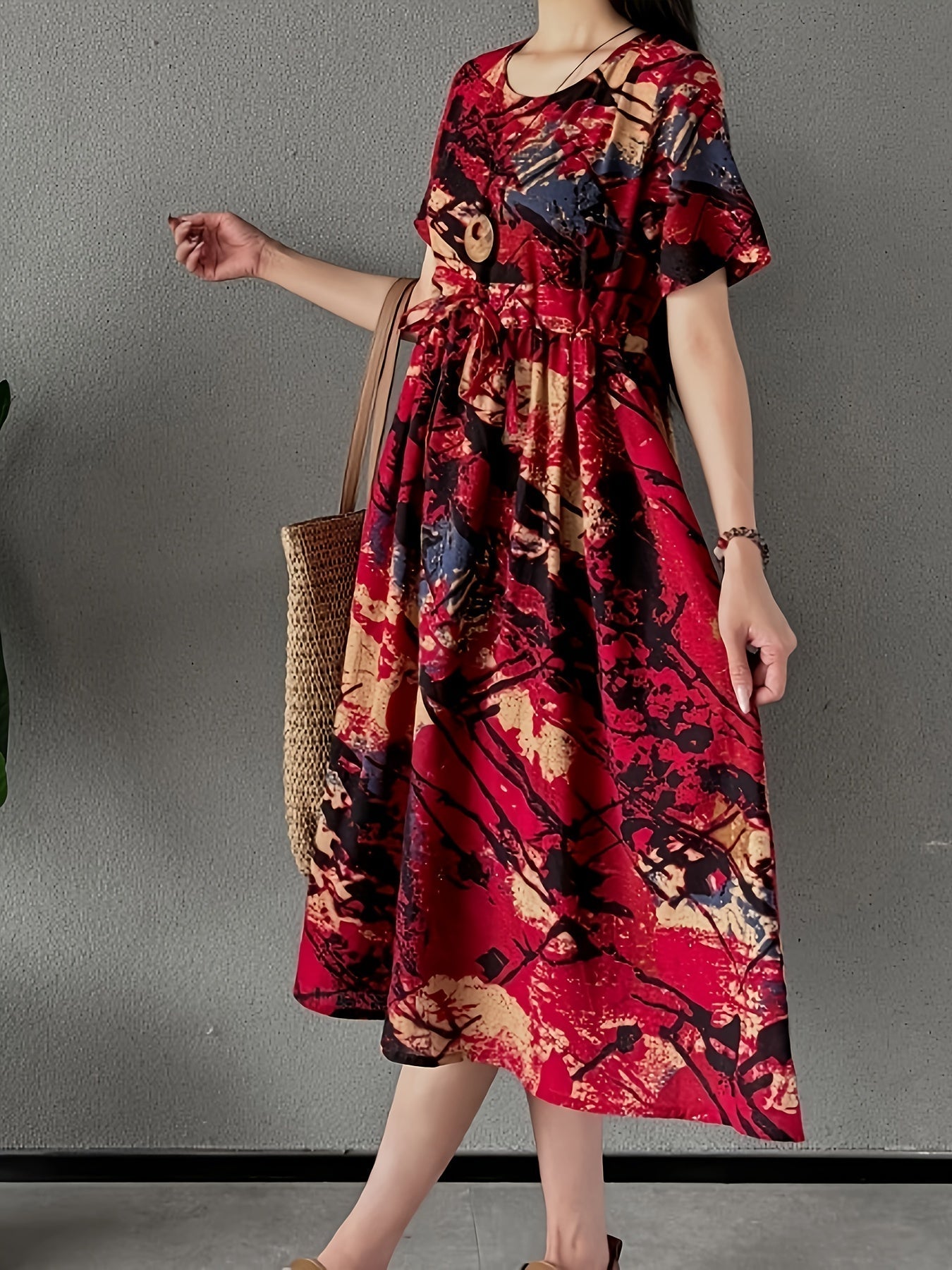 Abito estivo da donna - Elegante linea ad A, scollo rotondo e misto lino per tutti i giorni