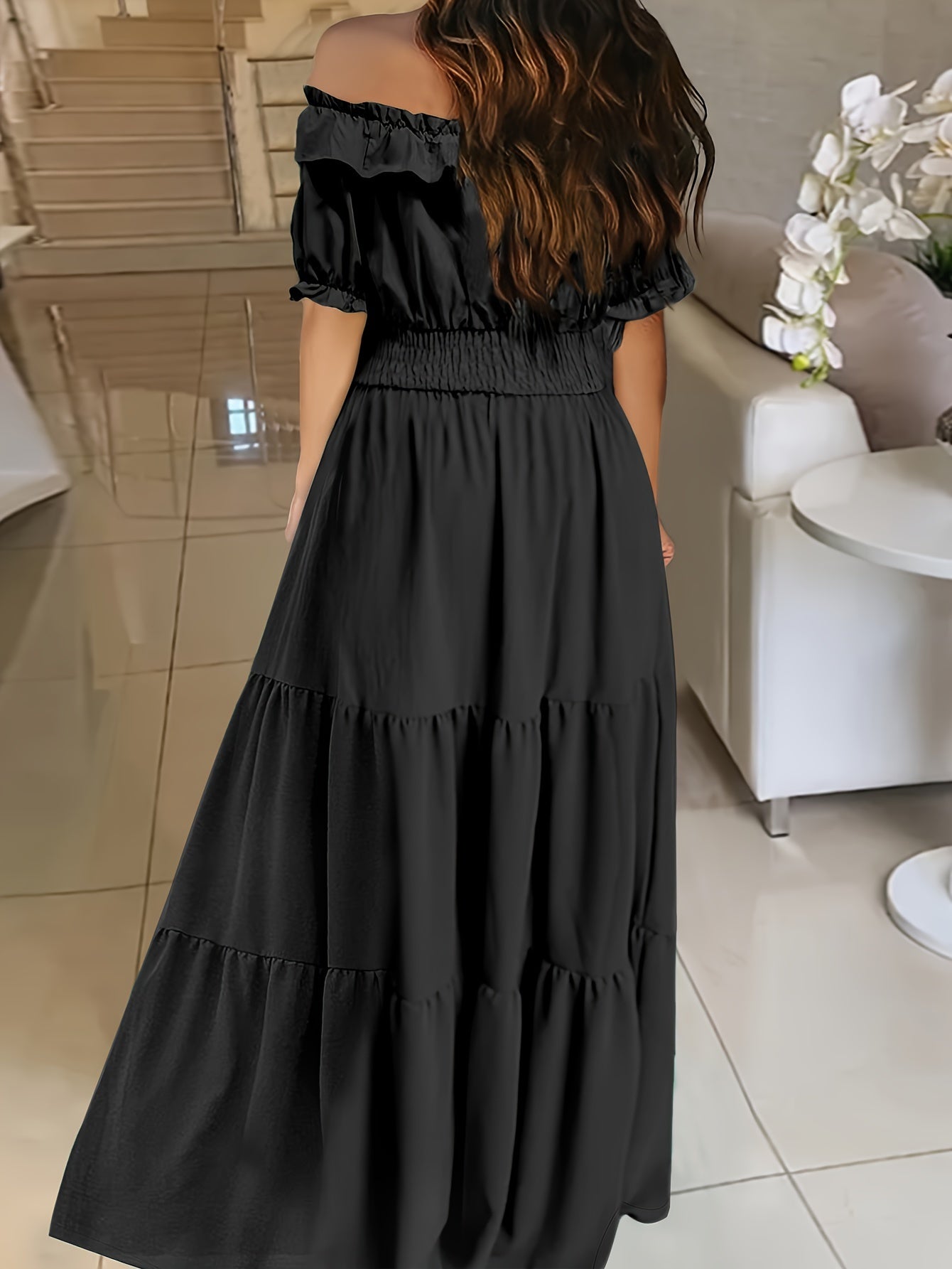 Abito estivo senza spalle Maxi abito elegante con balze Vestibilità ampia