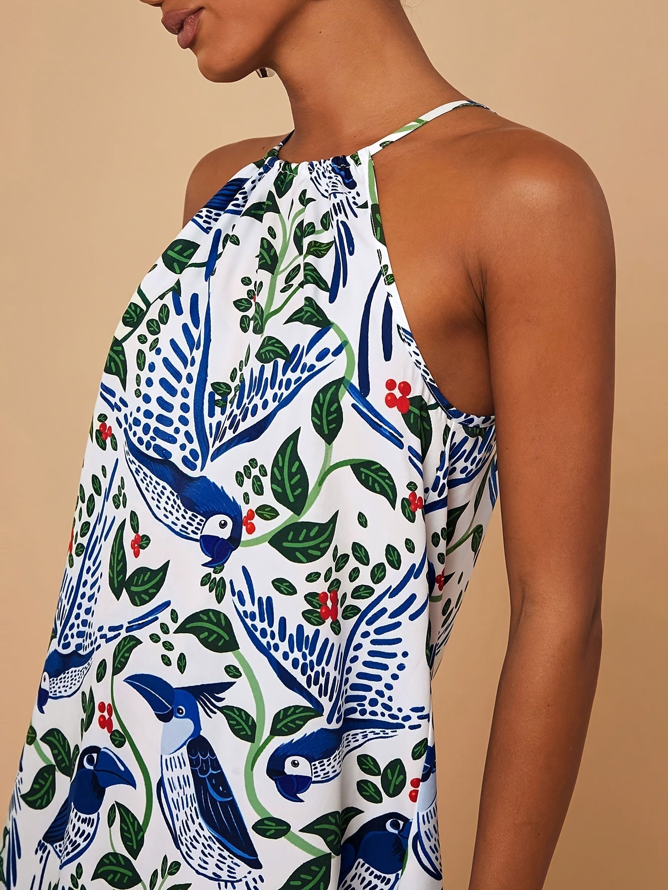 Mini abito estivo senza maniche con motivo di uccelli e piante, bianco
