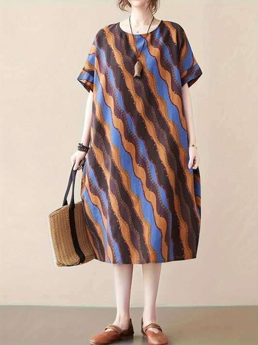 Abito in lino da donna - Motivo geometrico, Scollo rotondo, Maniche corte e tasche, Aereo e confortevole