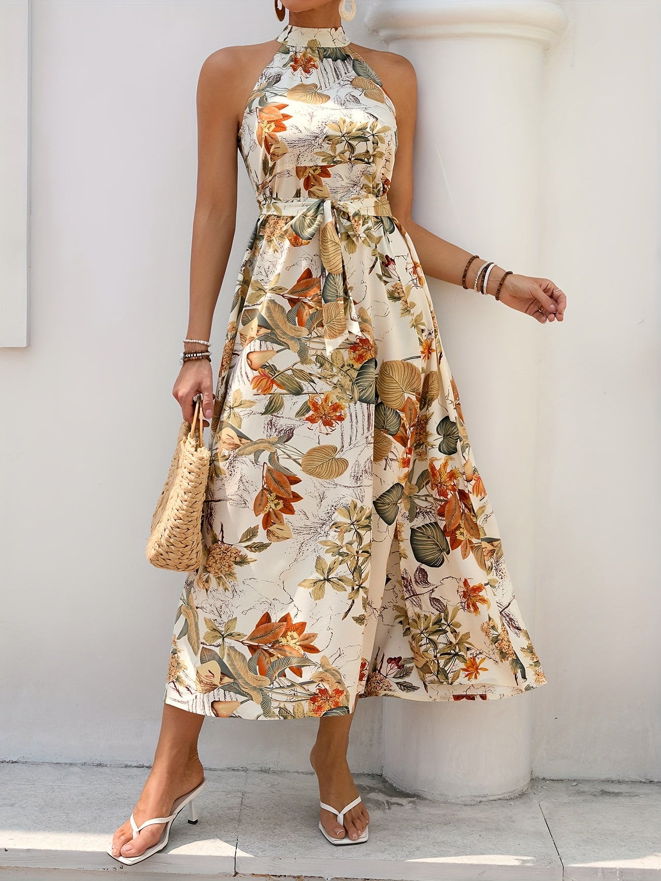 Abito con motivo floreale e cintura, vestito estivo per le vacanze