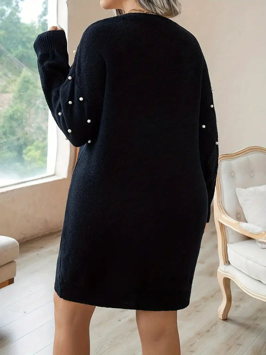 Abito in maglia monocolore con perle, eleganti maniche lunghe