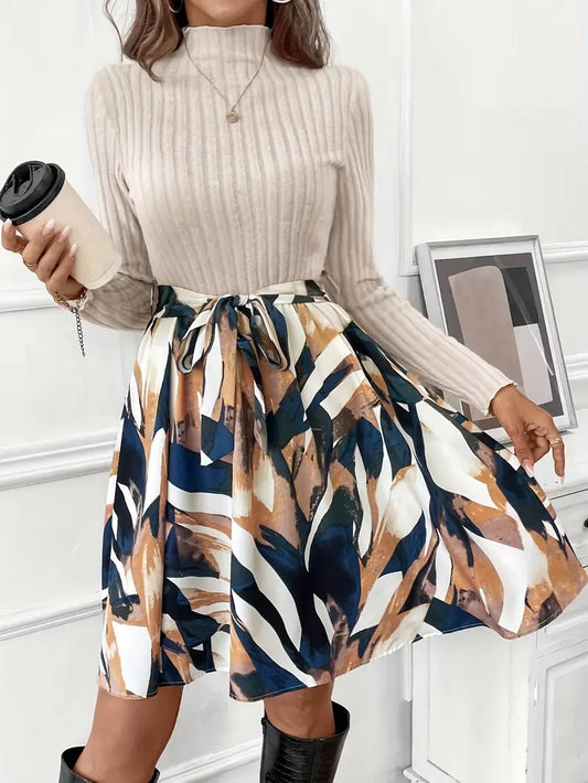 Abito in maglia stampata con cintura - manica lunga, lavabile, poliestere