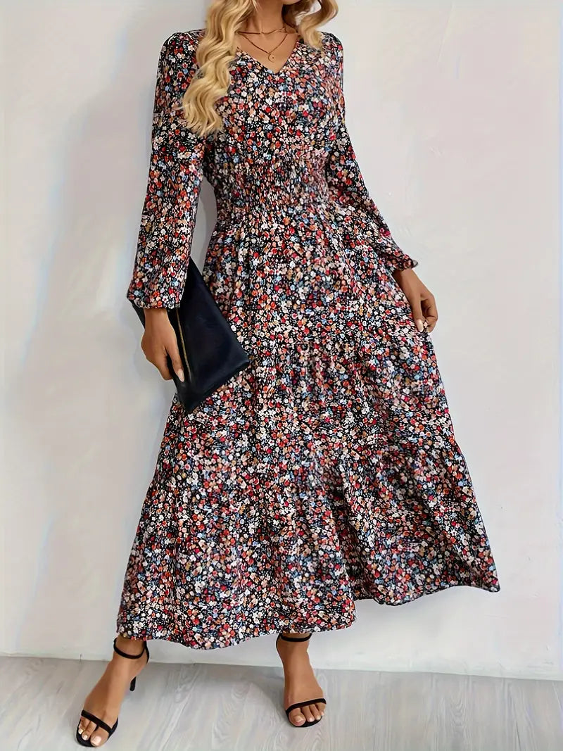 Elegante abito floreale con scollo a V - maniche lunghe, vita alta - linea A