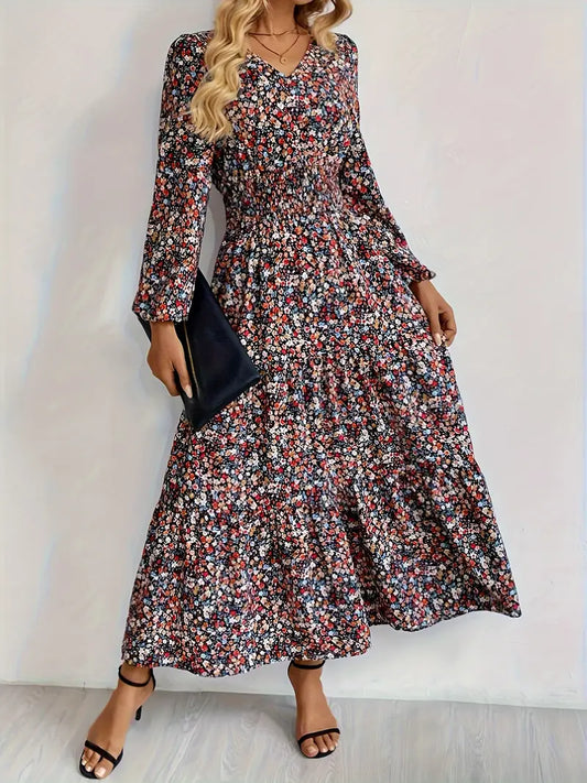 Elegante abito floreale con scollo a V - maniche lunghe, vita alta - linea A