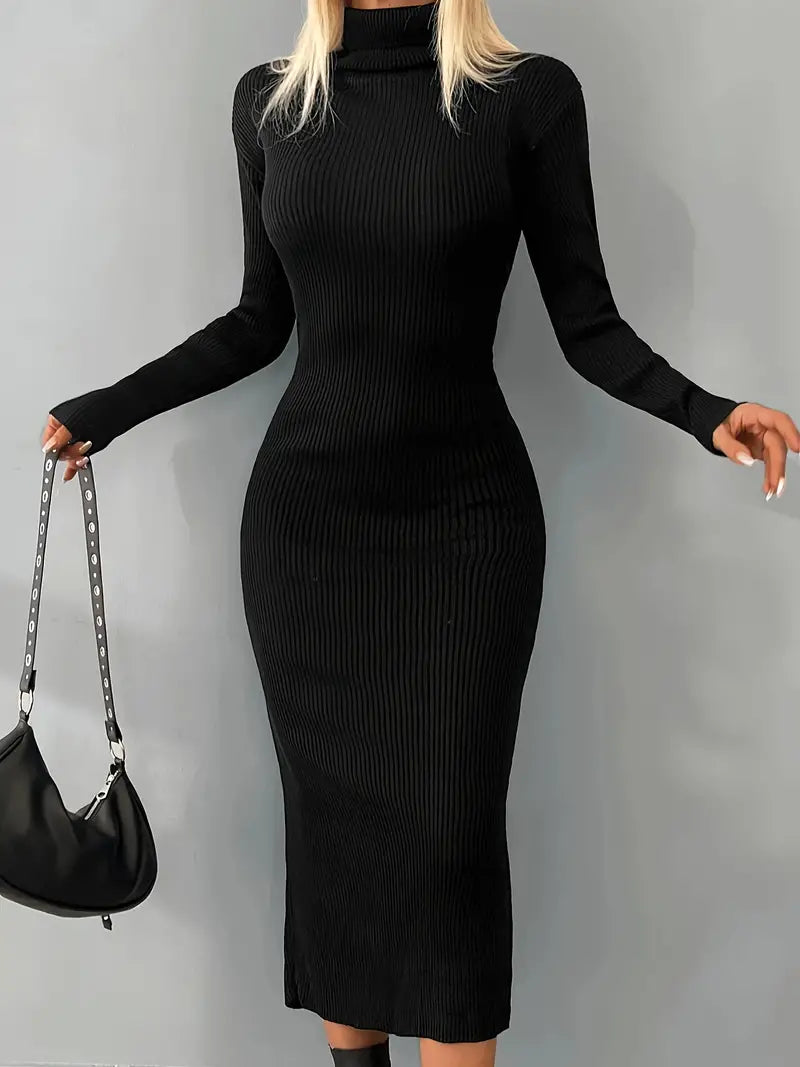 Abito in maglia slim-fit con dolcevita, Elegante abito midi con maniche lunghe