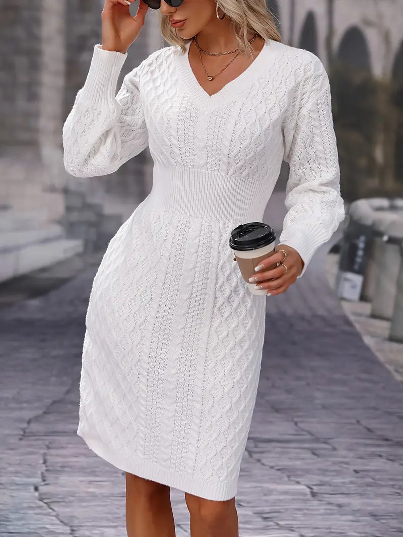 Abito aderente a maniche lunghe in maglia - Scollo a V casual con motivo a cavi