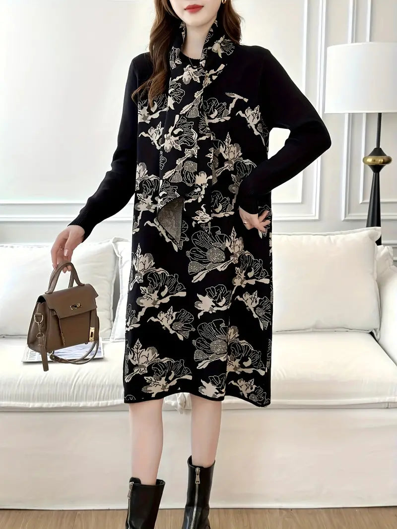 Abito elegante a maniche lunghe in jacquard con motivo floreale per donna