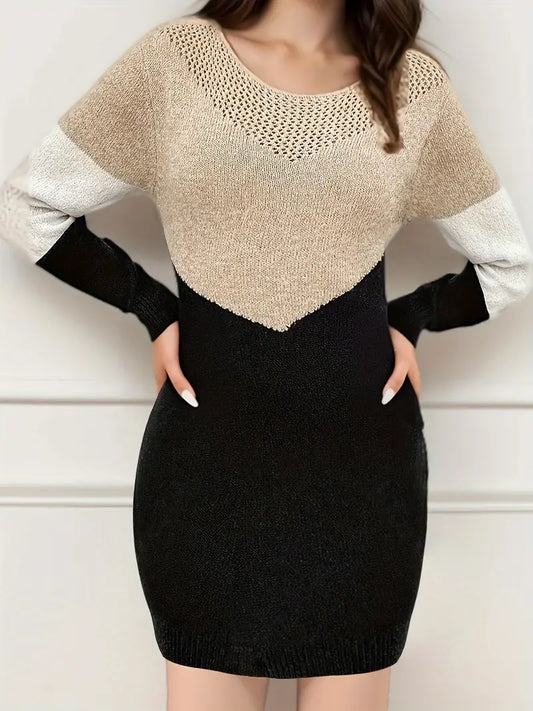 Elegante abito in maglia con tagli - design a blocchi di colore in cotone