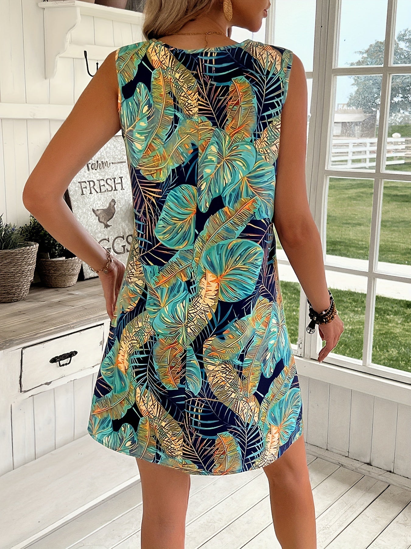 Abito senza maniche con stampa di foglie tropicali, vestito a canotta casual con linea ad A