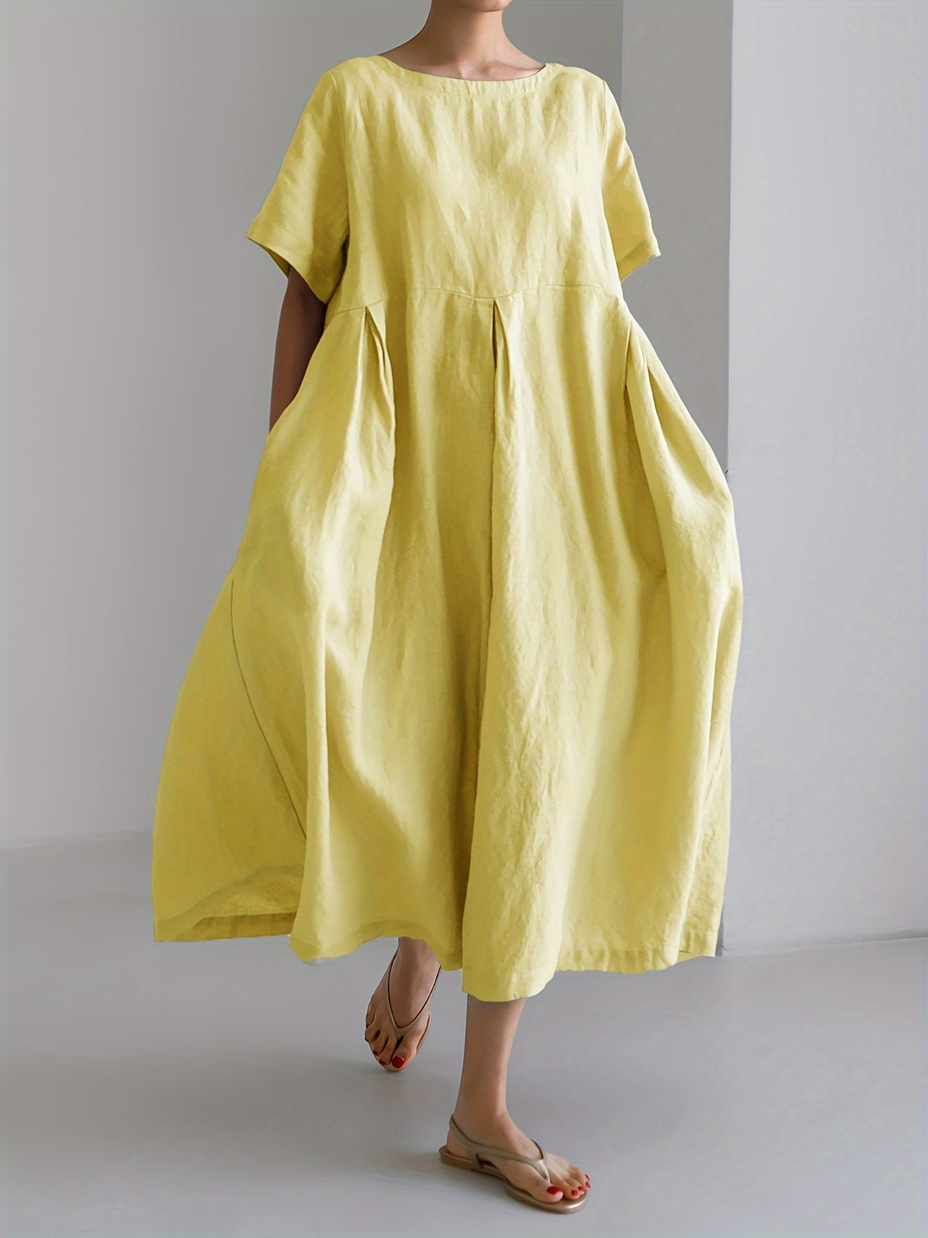 Abito midi in misto lino con tasche - manica corta a vita alta - moda estiva