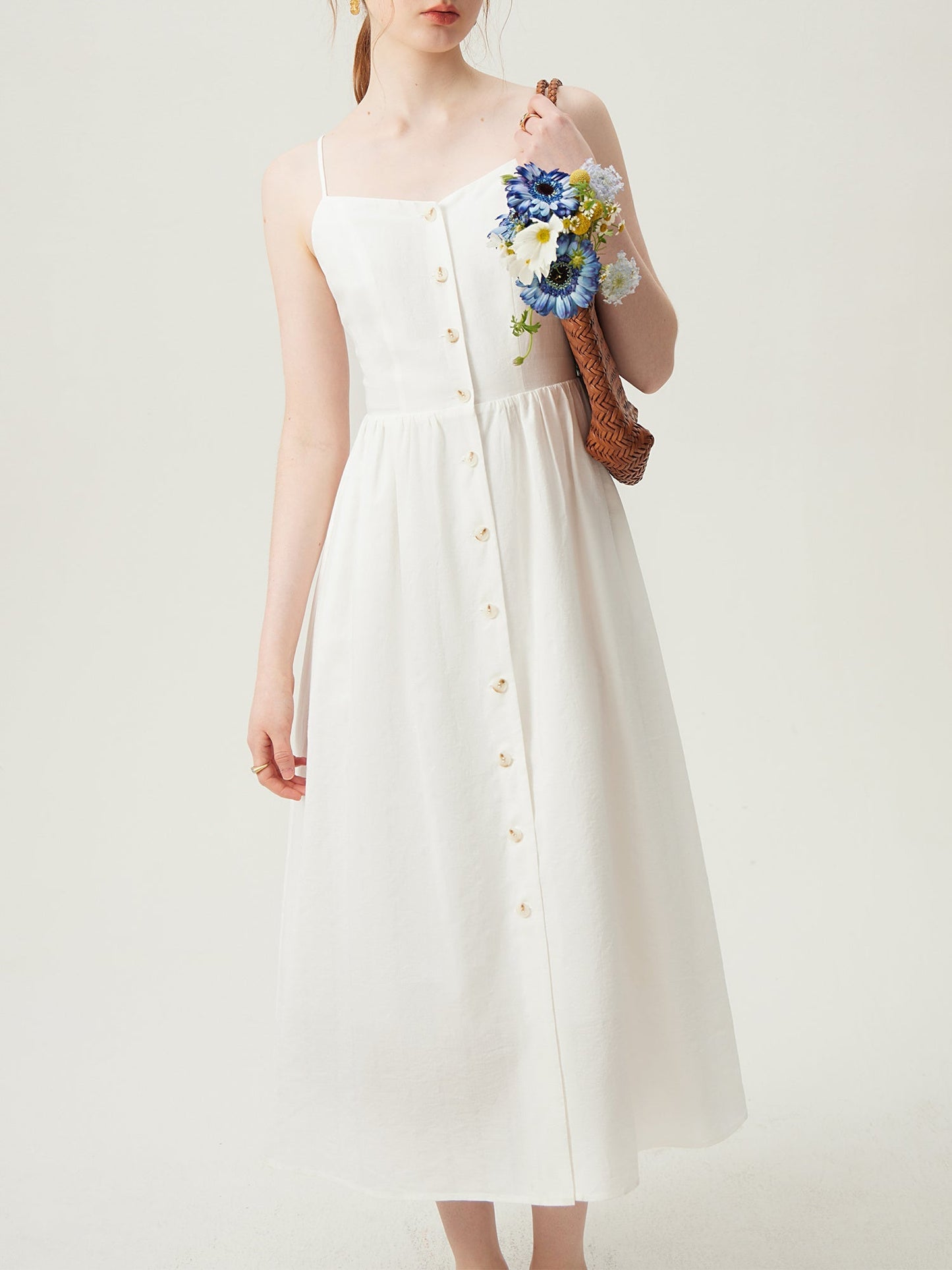 Abito estivo da donna - Abito midi senza maniche, misto lino, abbottonato