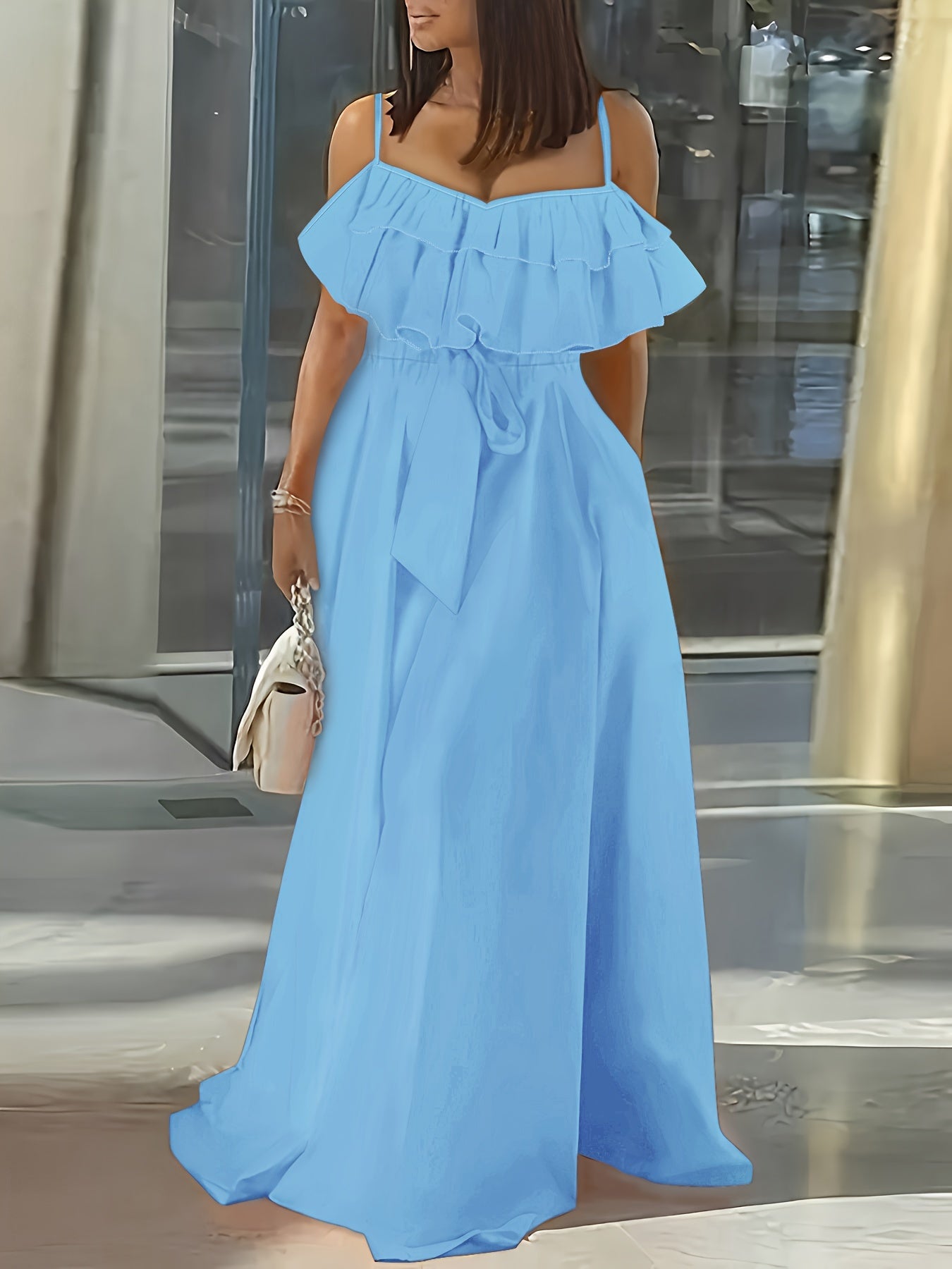 Maxi abito da donna - Abito estivo senza maniche con volant e vita a cravatta