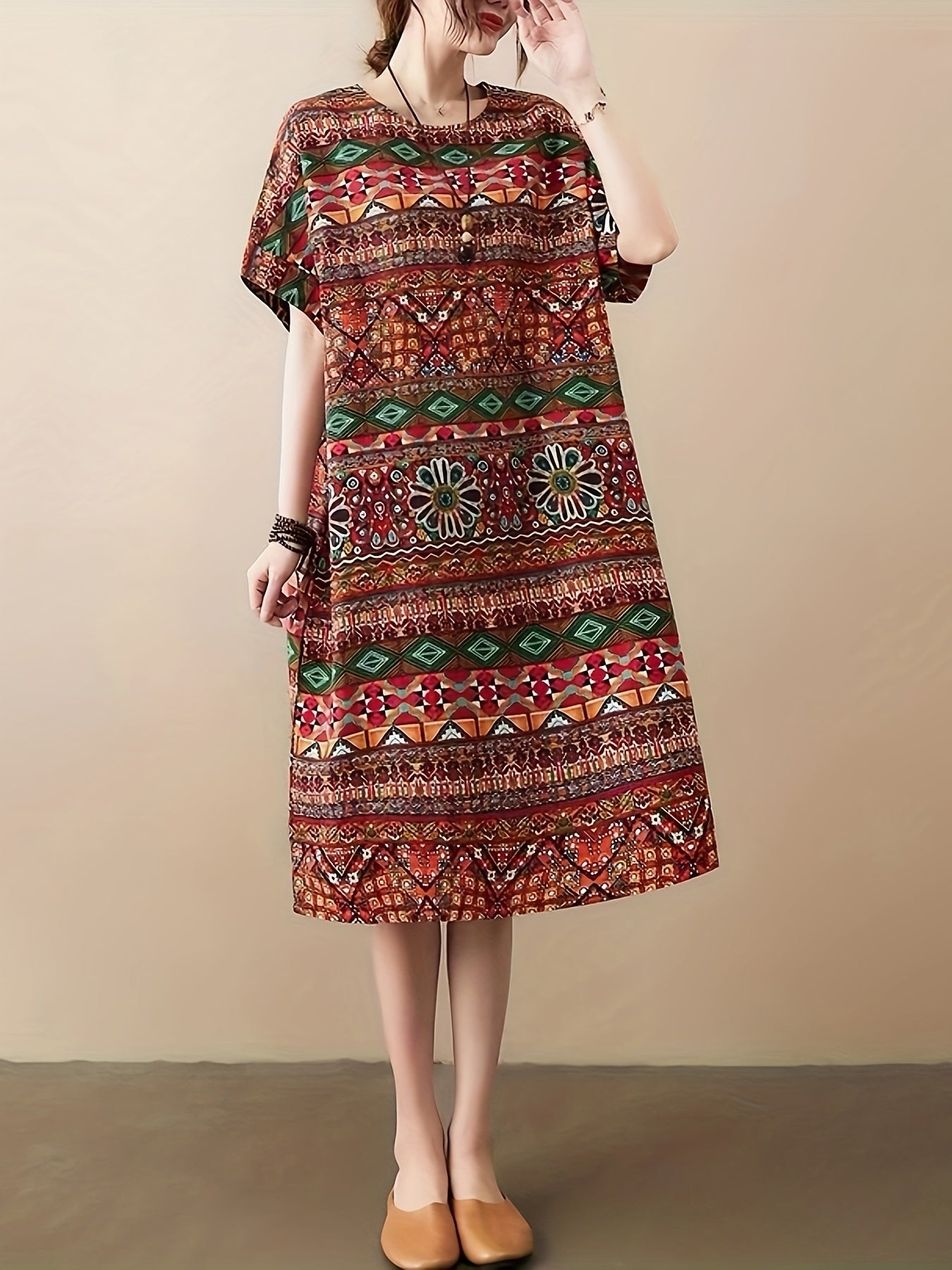 Abito da donna in lino - taglie forti, motivo floreale, tasche e perfetto per l'estate