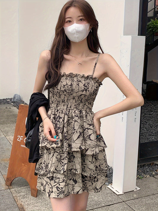 Abito estivo con motivo floreale - Abito a tracolla arioso, design slingback