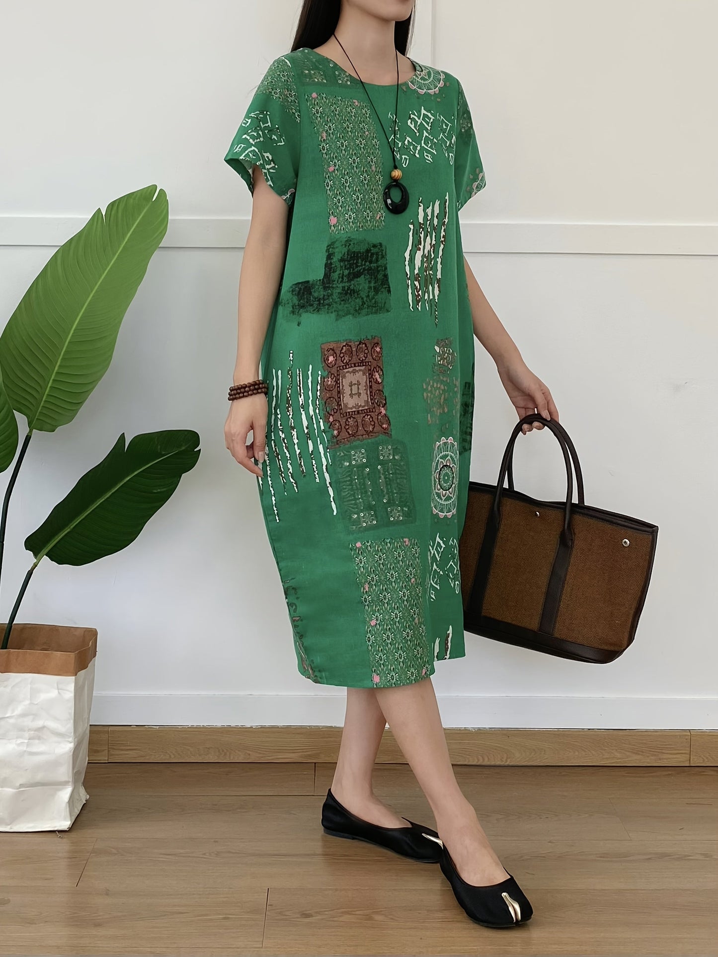 Abito tunica in lino da donna - scollo rotondo, stampa floreale, tasche e casual