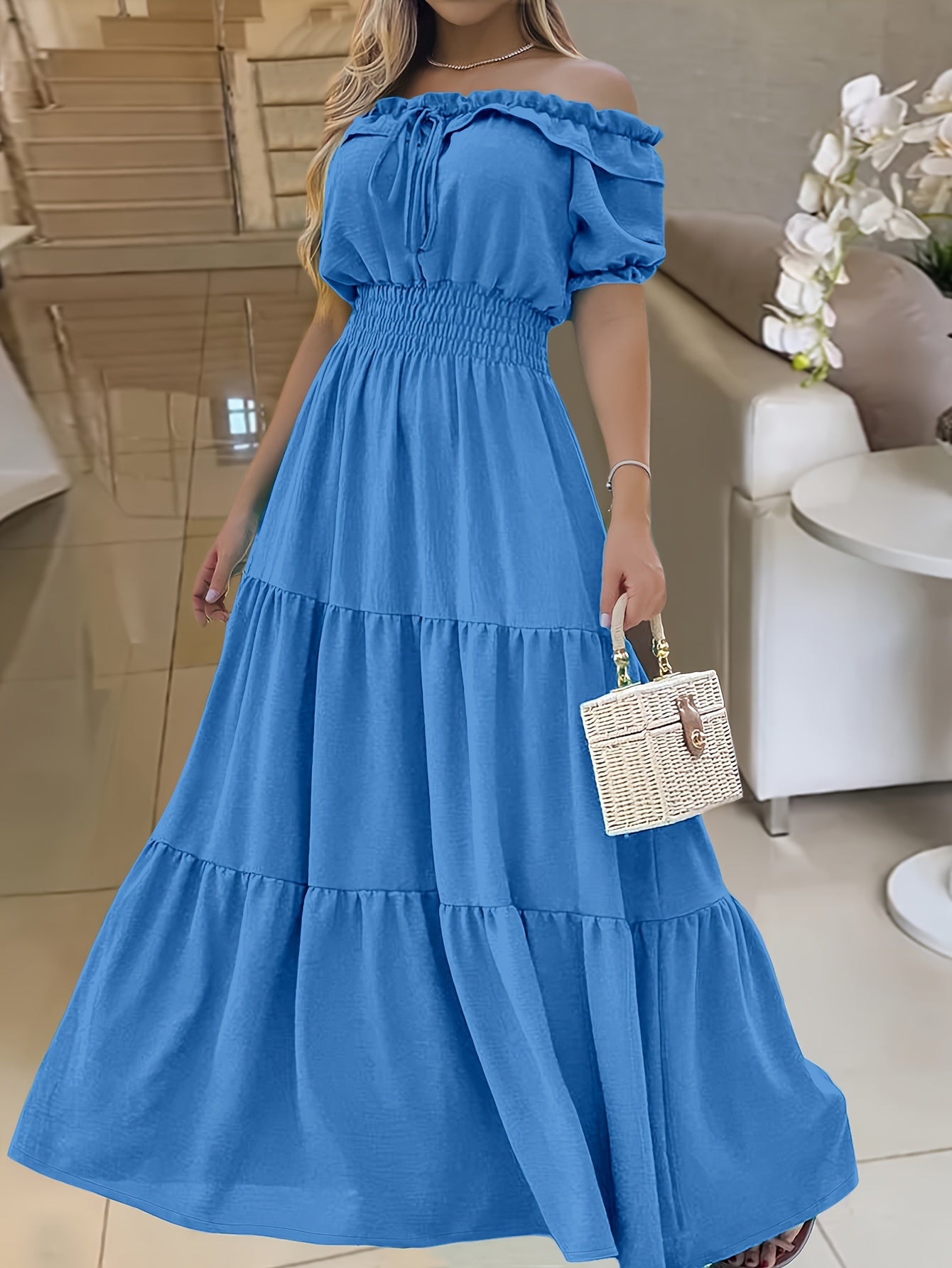 Abito estivo senza spalle Maxi abito elegante con balze Vestibilità ampia