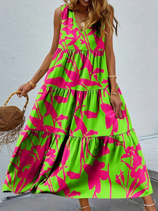 Elegante abito floreale con scollo a V - Senza maniche Sciolto e arioso