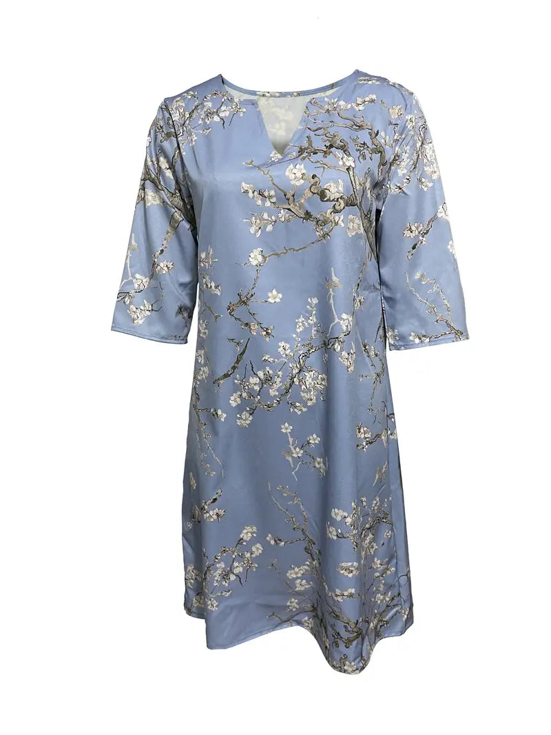 Abito con scollo a V e stampa vegetale, maniche a 3/4 Taglio ampio