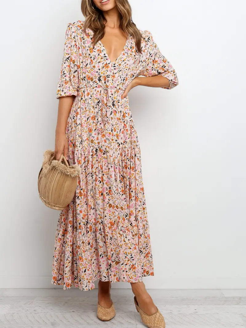 Maxi abito floreale chic con scollo a V per donna
