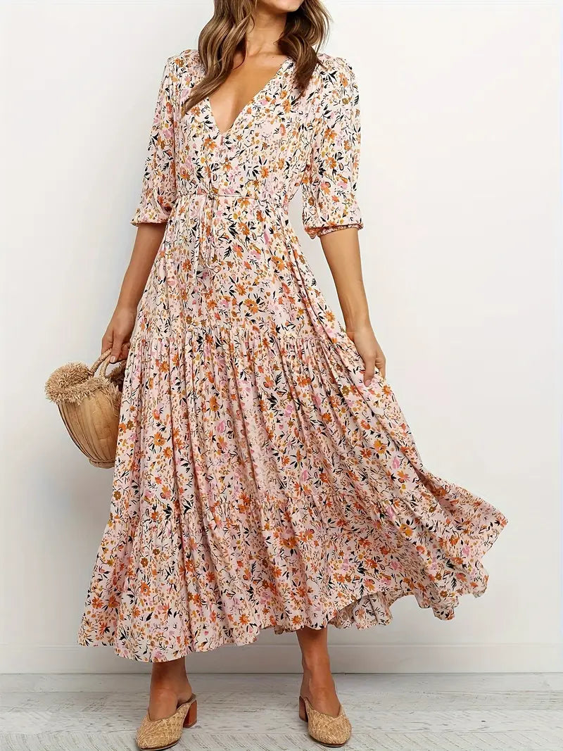 Maxi abito floreale chic con scollo a V per donna
