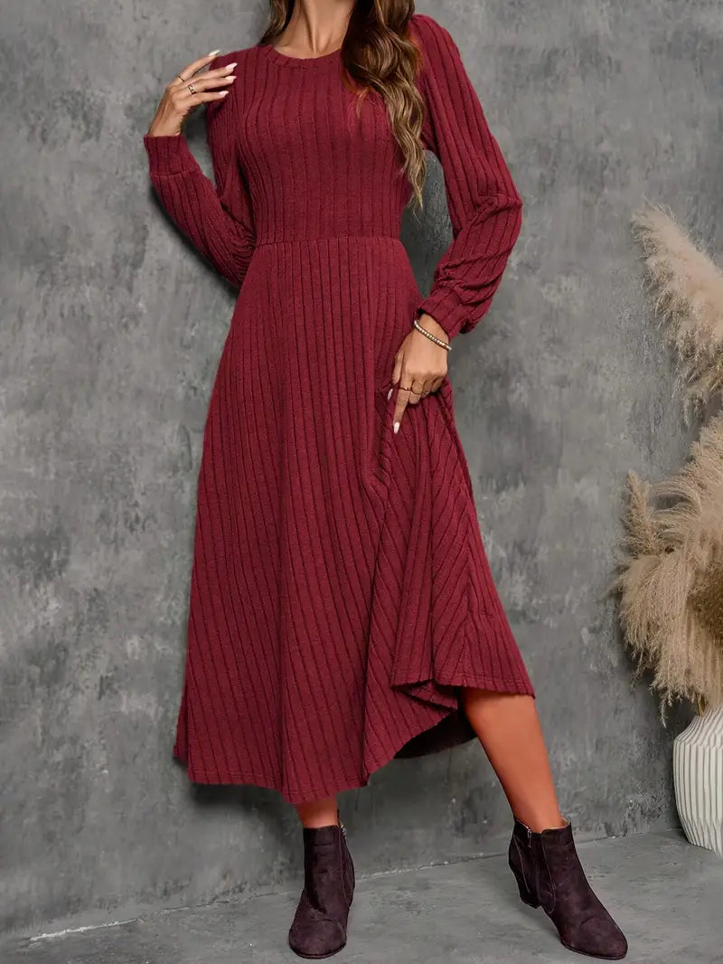Abito midi a maniche lunghe a costine da donna - Casual A-line