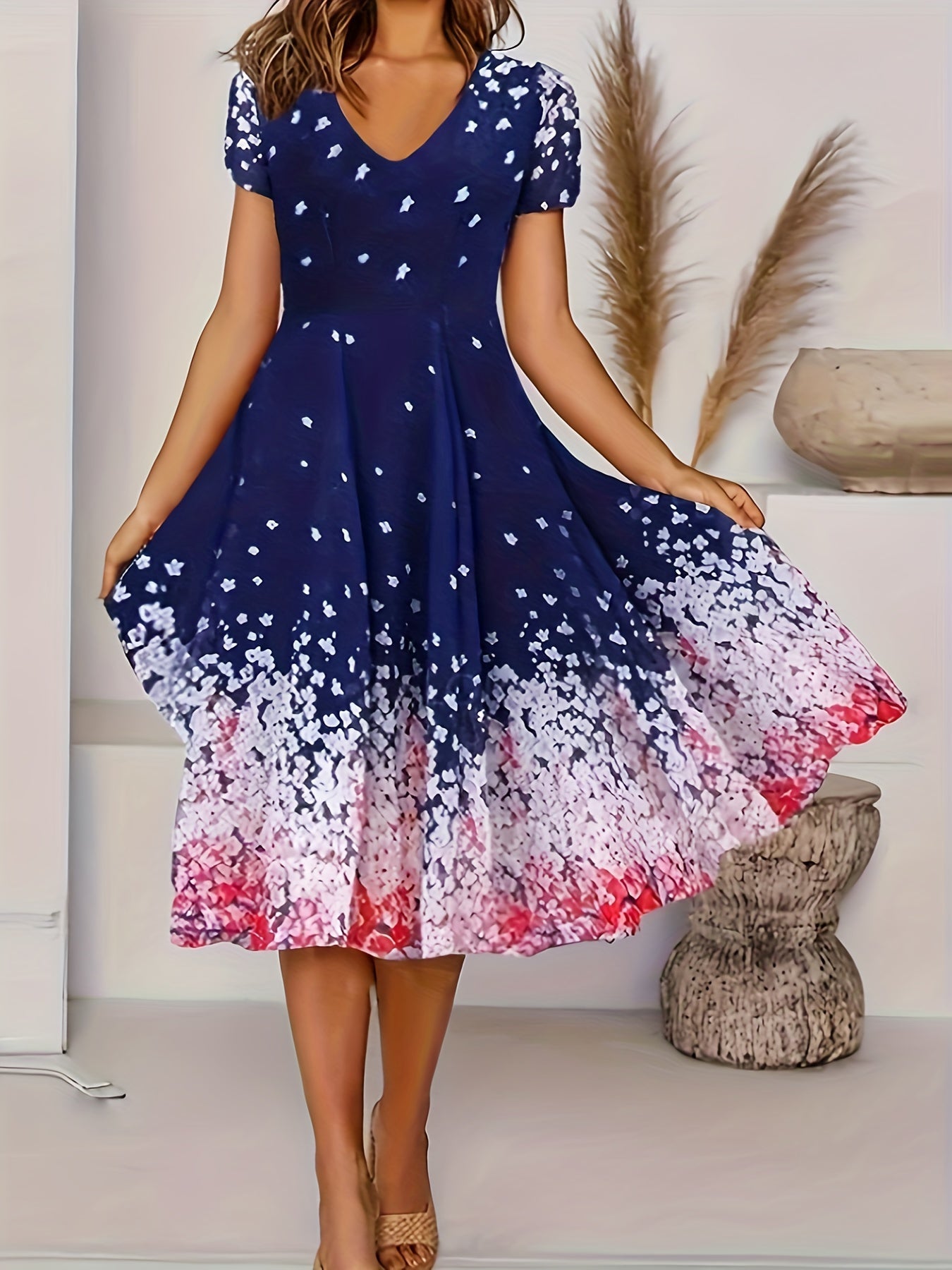 Abito floreale da donna con scollo a V - abito estivo a maniche corte casual